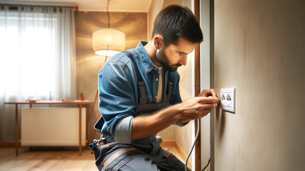 electrician changing an electrical outlet in an apartment