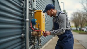 Licensed plumber testing a backflow prevention device outside a commercial building