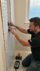 Plumber installing a new shower valve inside a bathroom wall