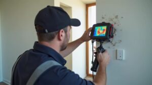Professional plumber using thermal imaging to detect a hidden water leak behind a wall