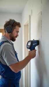 Plumber locating hidden leak using acoustic detector on interior wall