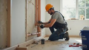 Plumber replacing old copper plumbing pipes under a kitchen sink in a San Francisco home