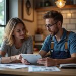 Customer discussing plumbing options with a plumber during an in-home consultation