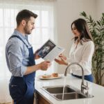 Plumber helping homeowner choose the best plumbing solution using brochures and clear explanation