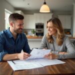 Homeowner reviewing a plumbing estimate with a friendly local plumber at home