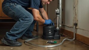 Plumber installing a new sump pump in a residential basement to prevent flooding