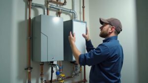 Technician installing a tankless water heater in a clean residential utility room
