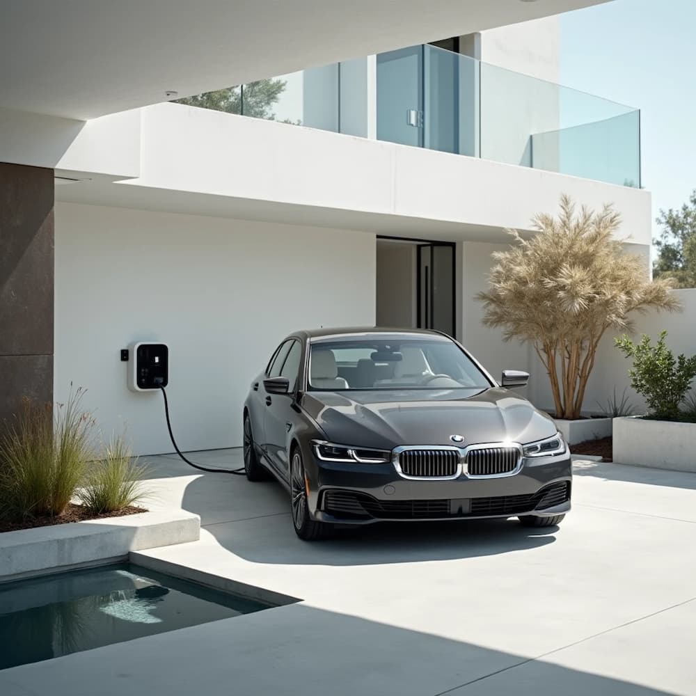 bmw ev charger plugged in BMW parked near EV charger