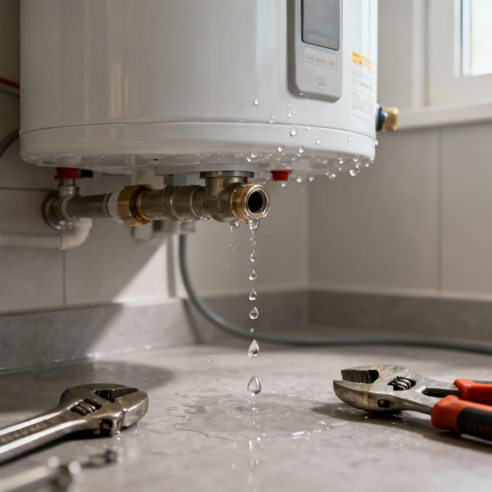 Leaking water heater being repaired