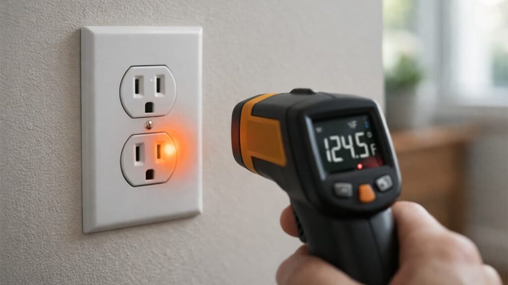Infrared temperature check of a wall outlet showing abnormal heat near the receptacle.