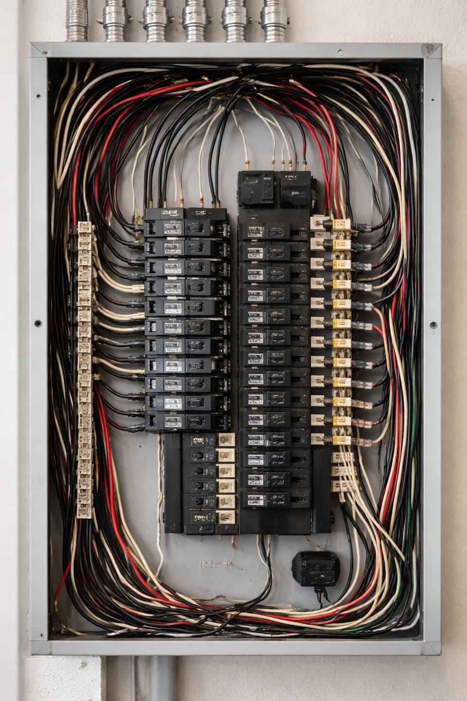 Close-up of a well-organized electrical panel interior during a safety inspection.
