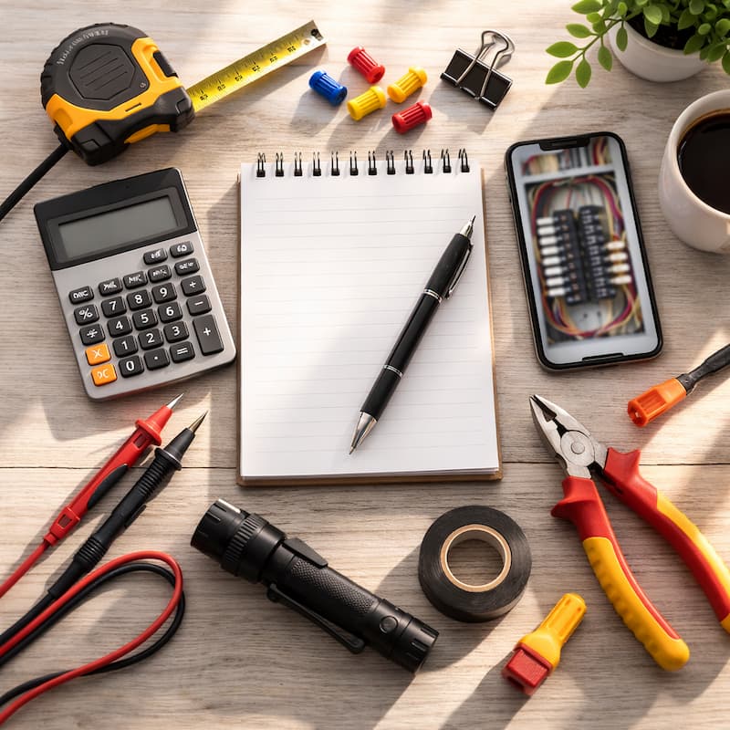 Items used to plan an electrical inspection quote, including tools and a panel photo reference.