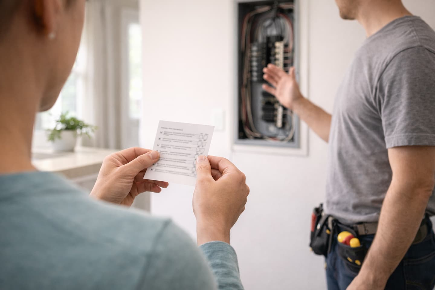 Homeowner asking questions during an electrical inspection in a San Francisco home.