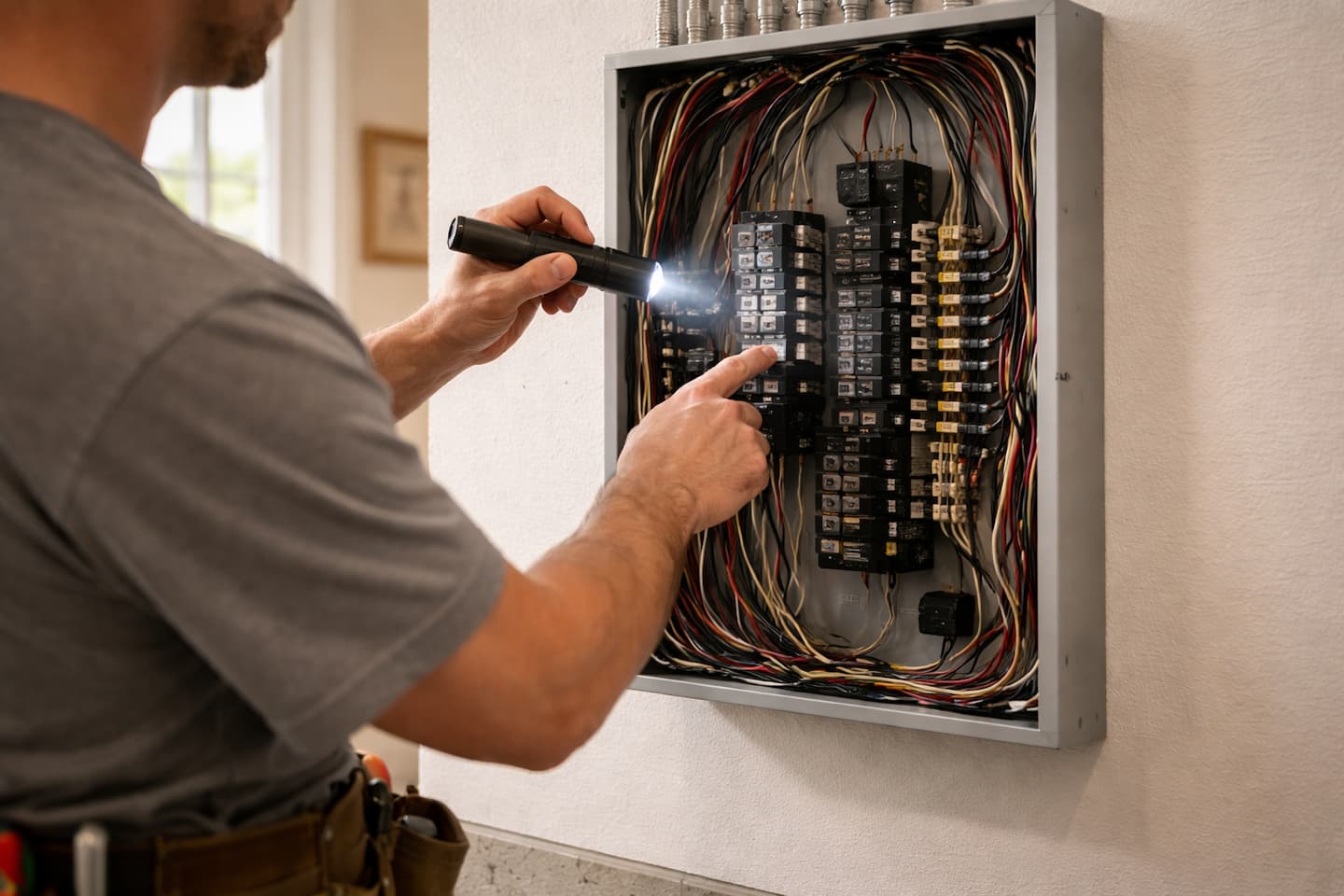Electrician performing a residential electrical safety inspection at the breaker panel in San Francisco.