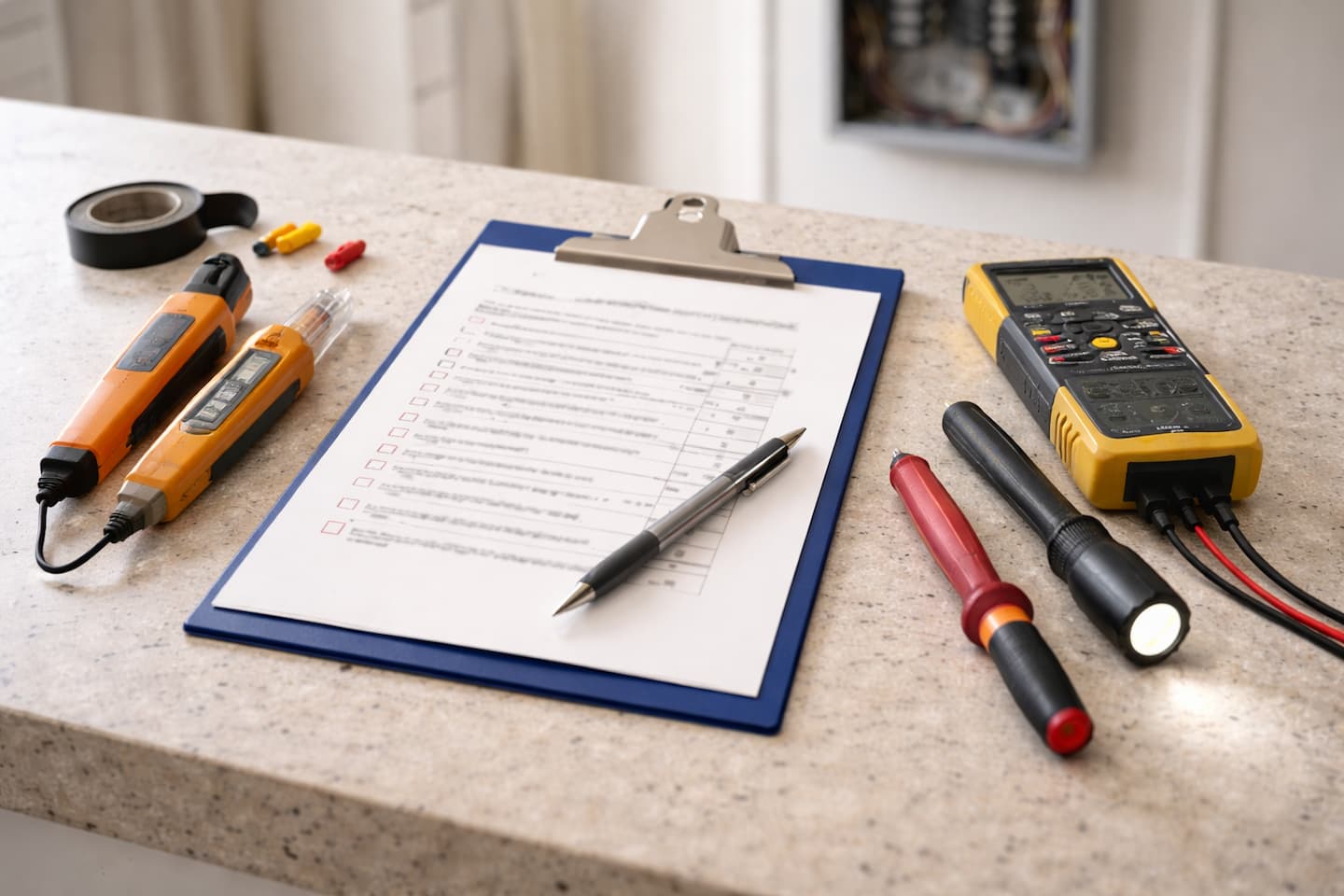 Electrical inspection process tools and checklist prepared for a home safety check.