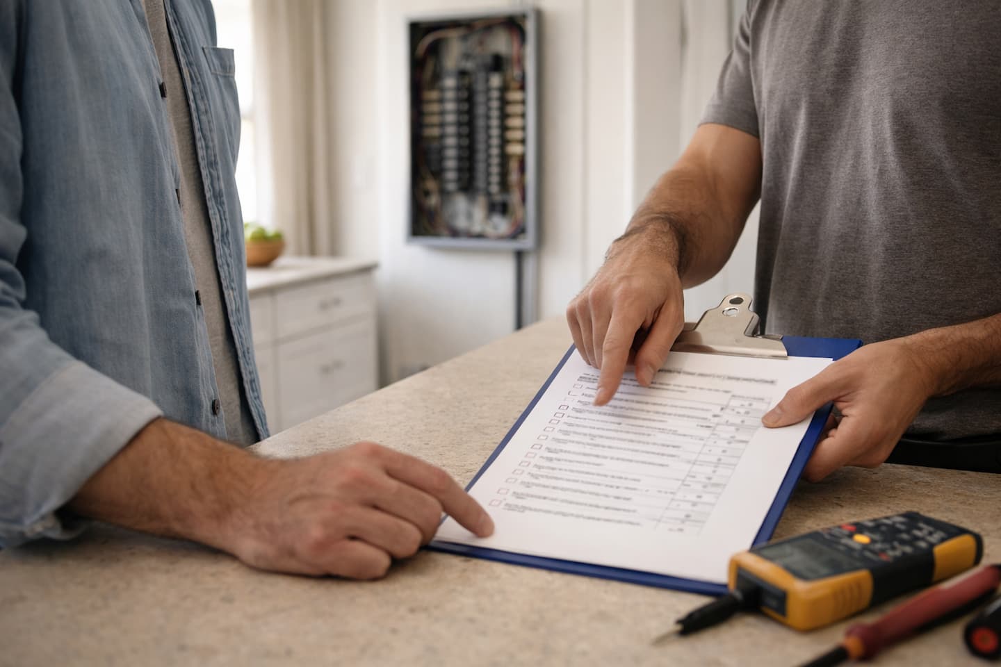 Homeowner discussing electrical inspection findings with an electrician in San Francisco.