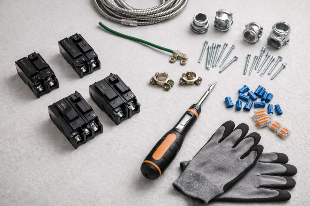 Electrical panel upgrade materials including breakers and conduit fittings