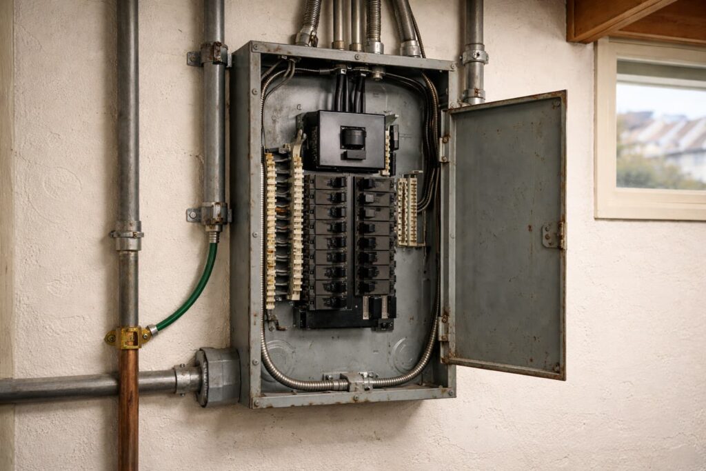Outdated electrical panel equipment in an older San Francisco home