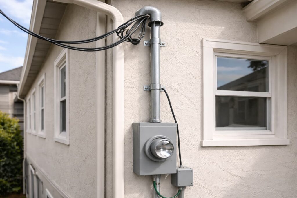 Overhead electrical service connection components near a San Francisco home