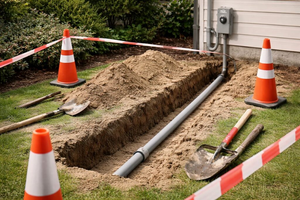 Underground electrical service upgrade with conduit trenching near a home