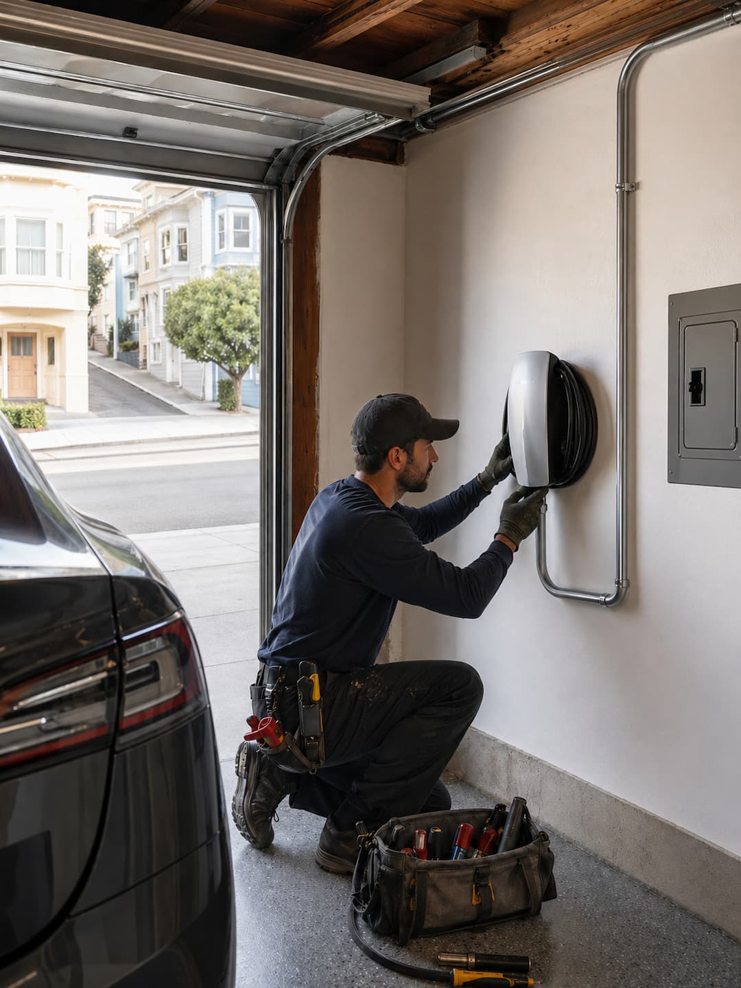 Licensed electrician installing a Tesla Wall Connector in a San Francisco garage