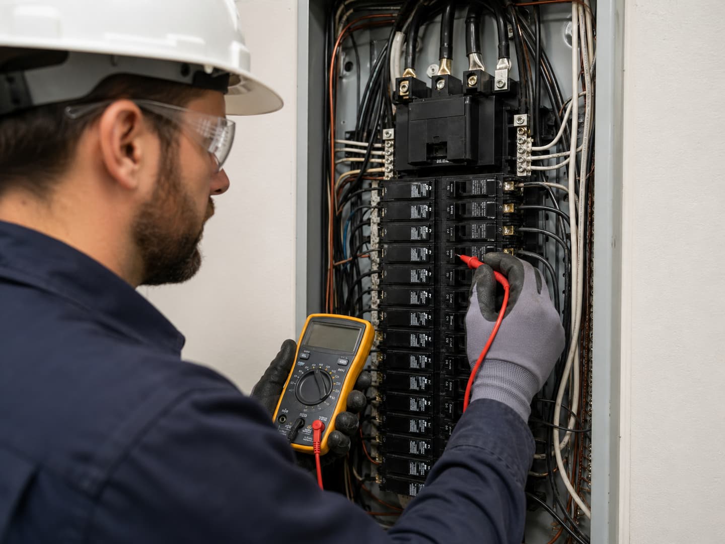 Electrician checking electrical panel before Tesla Wall Connector installation in San Francisco