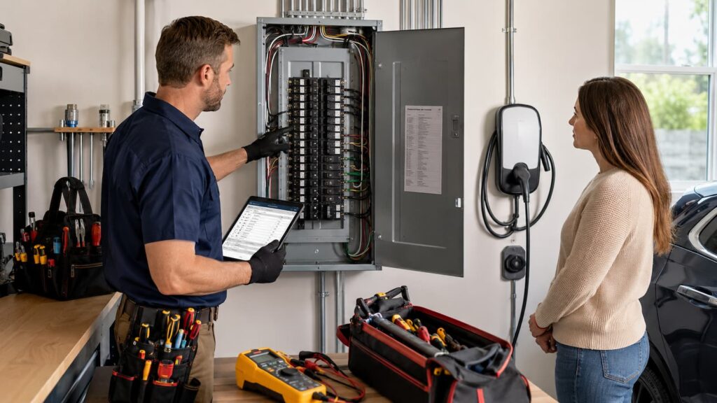 Electrician comparing 100 amp and 200 amp electrical panel capacity in a residential garage