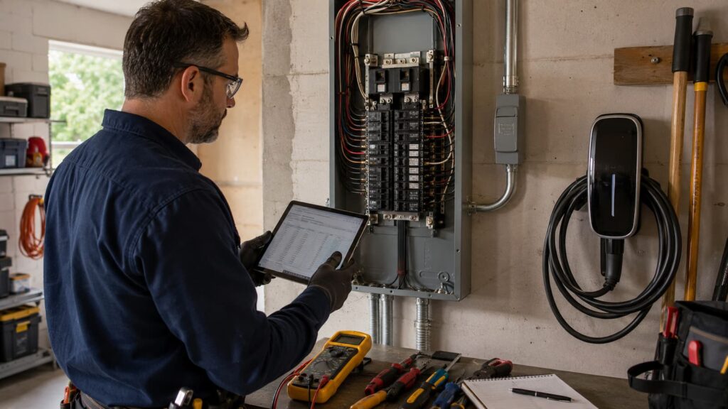 Licensed electrician inspecting an electrical panel before panel replacement or upgrade