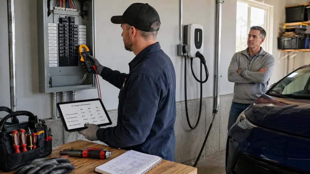 Licensed electrician checking amperage requirements for a home EV charger installation