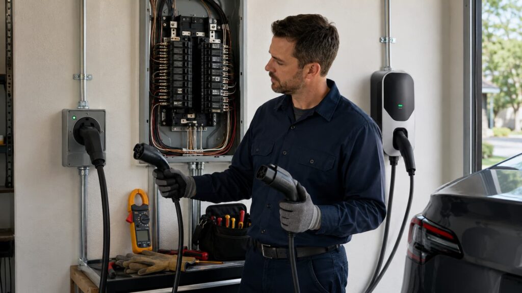 Licensed electrician comparing NEMA 14-50 outlet and hardwired EV charger installation