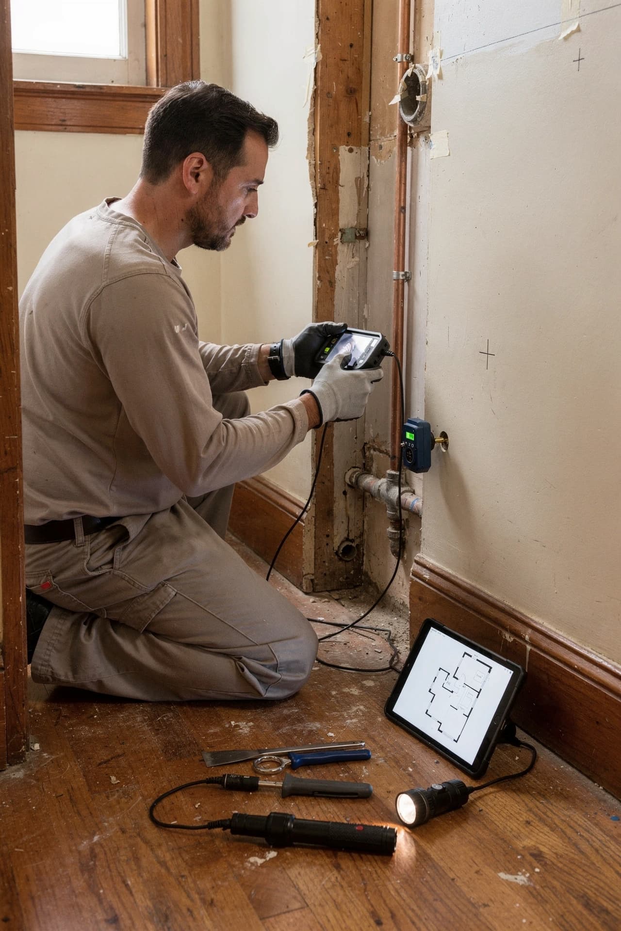Technician tracing concealed plumbing lines in San Francisco