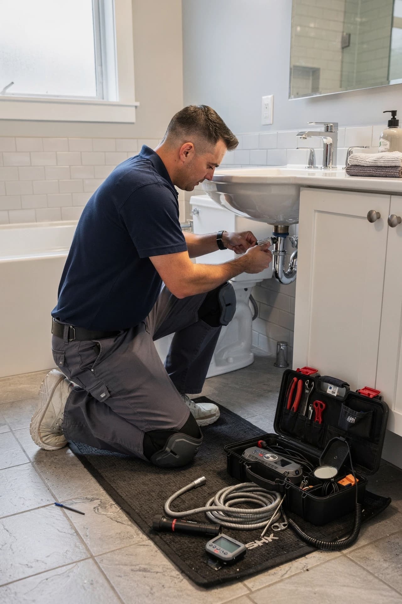 Careful Residential Plumbing Repair in San Francisco Plumbing technician inspecting residential plumbing under a sink