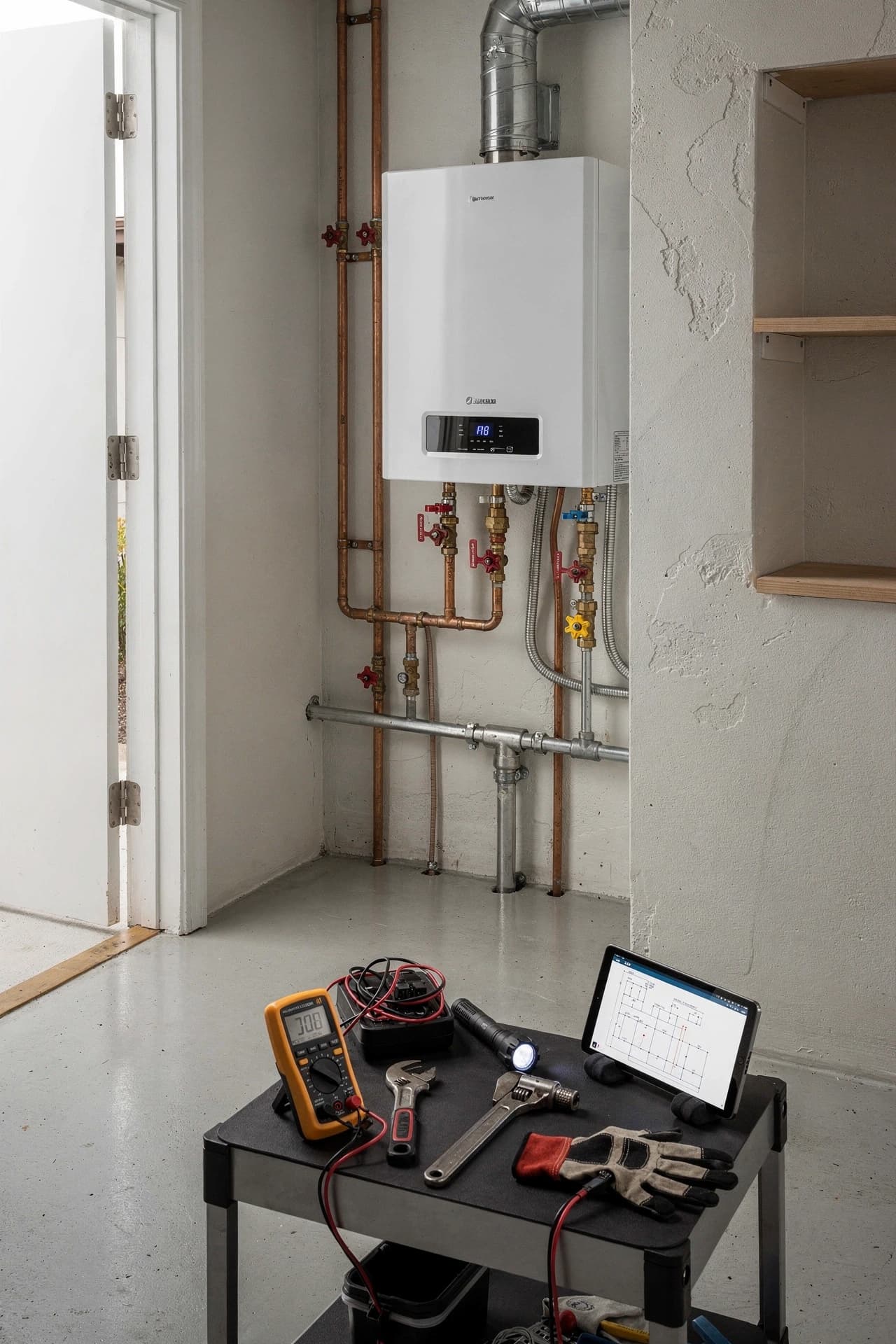 Technician planning tankless water heater installation in the Bay Area