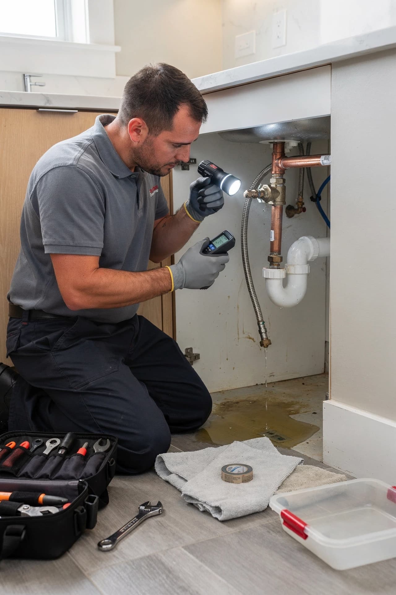 Emergency plumbing service technician helping a San Francisco homeowner