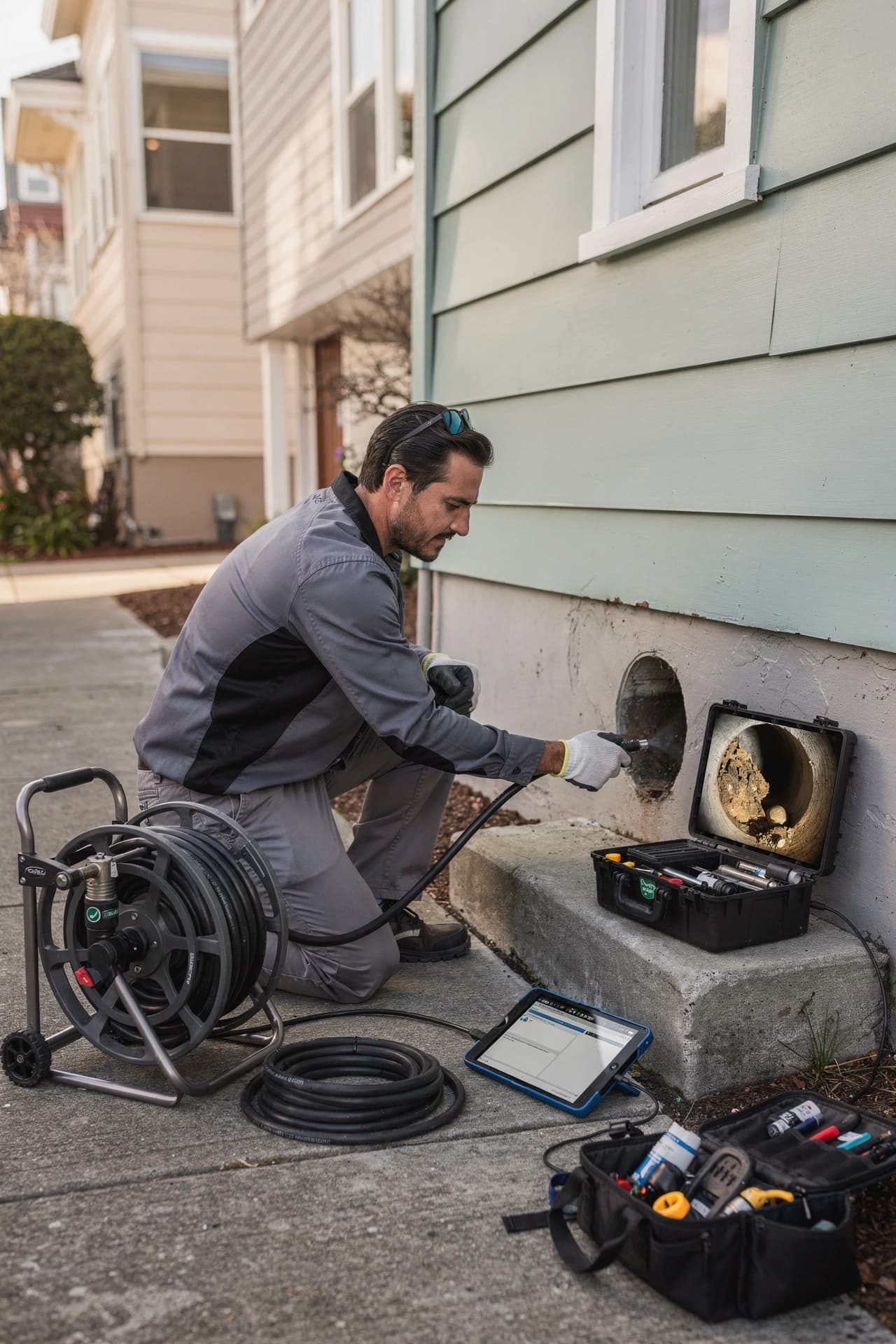 Technician performing sewer camera inspection in San Francisco