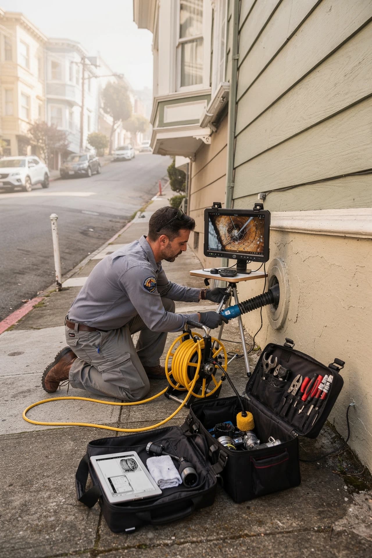Plumbing technician preparing sewer inspection equipment