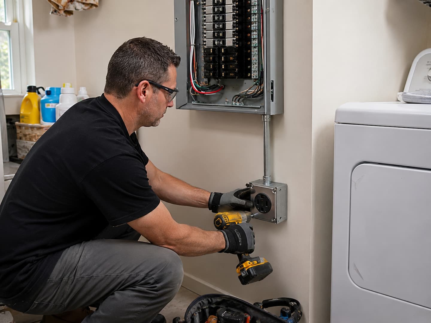 Electrician installing a dedicated circuit for a home appliance