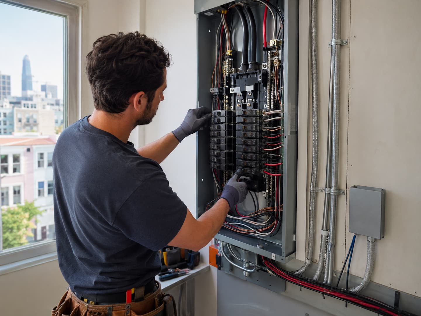 Electrician upgrading a residential electrical panel in San Francisco