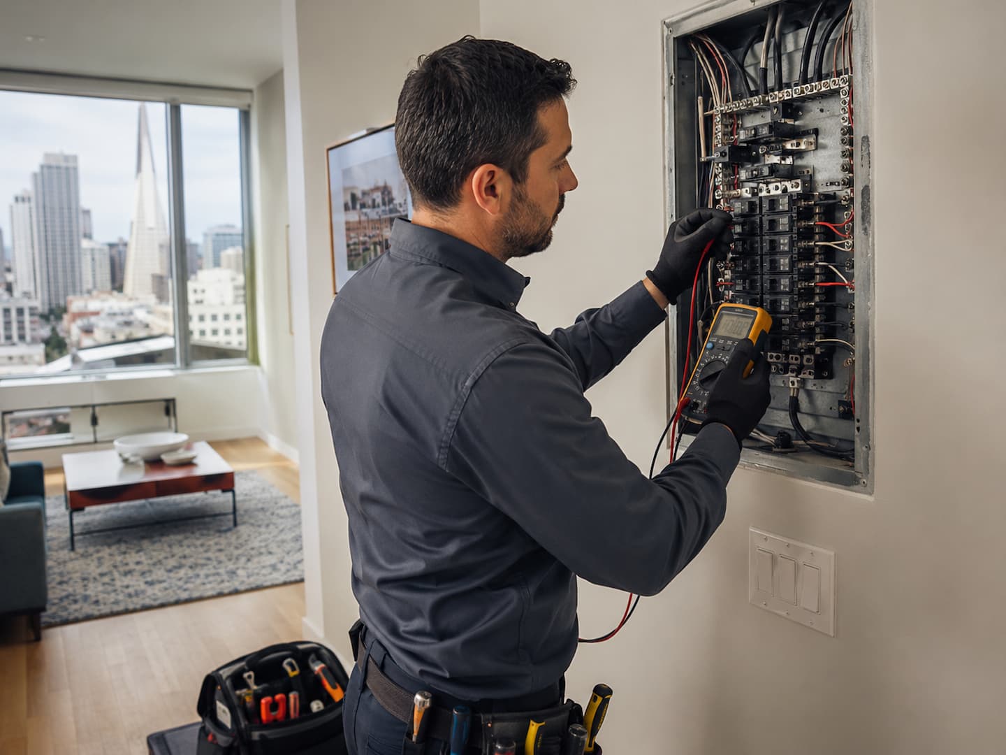 Electrician troubleshooting an electrical panel in a San Francisco home
