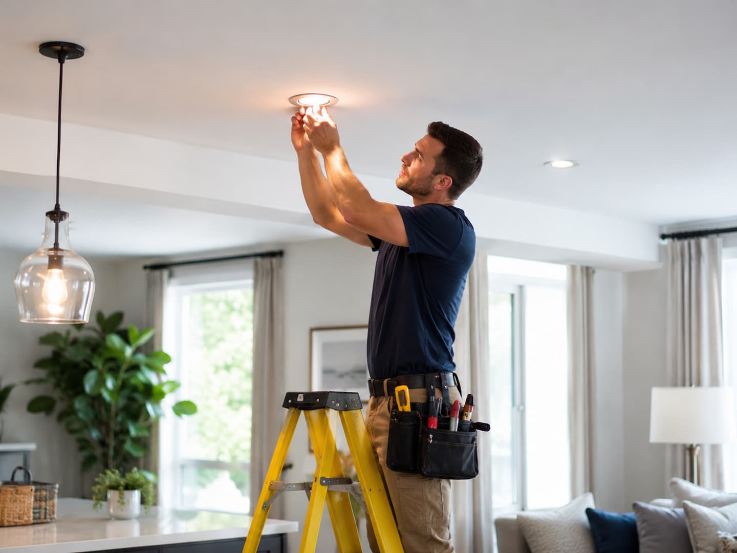 Electrician installing recessed lighting in a home