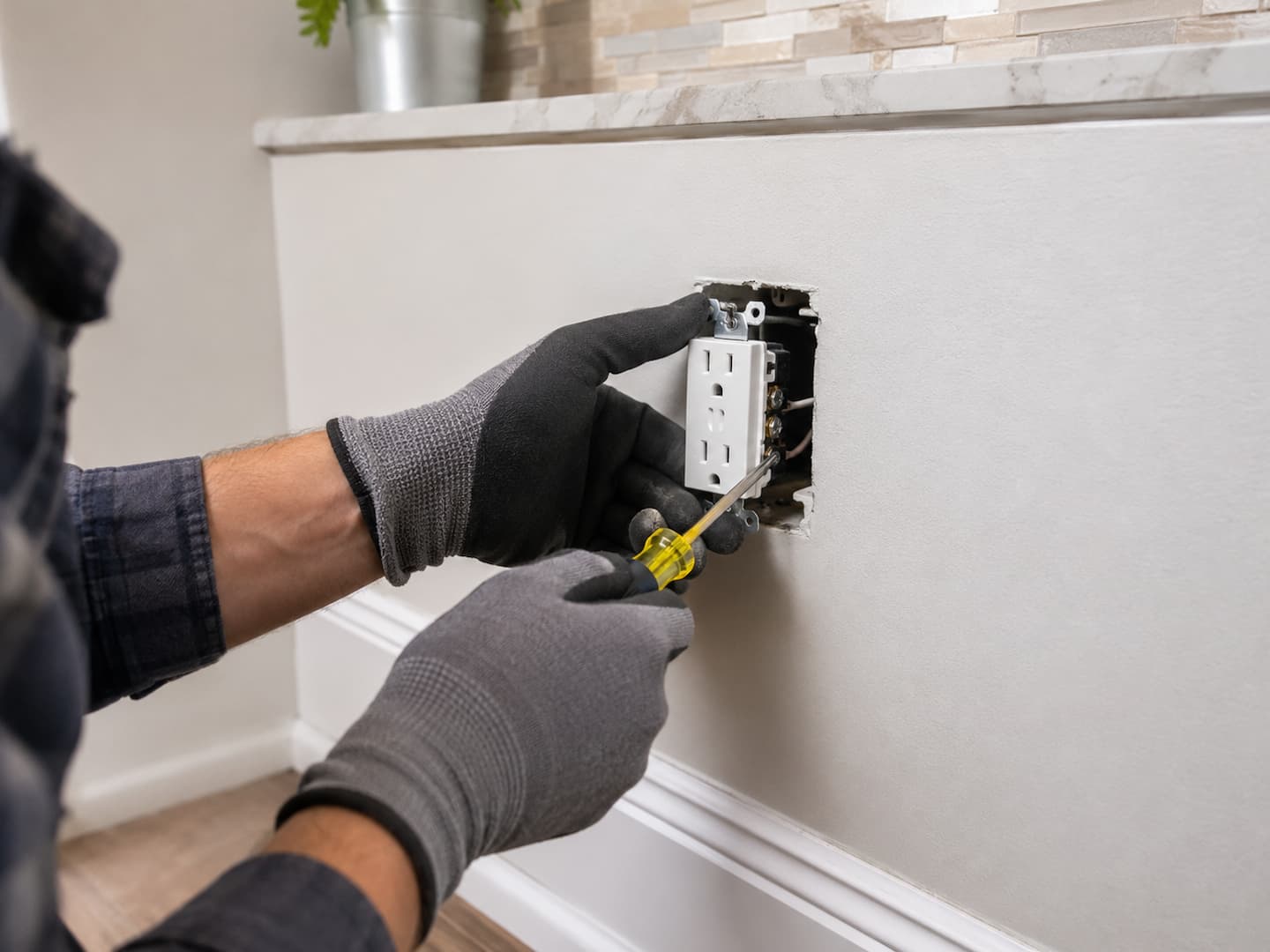 Electrician installing a residential outlet and GFCI receptacle