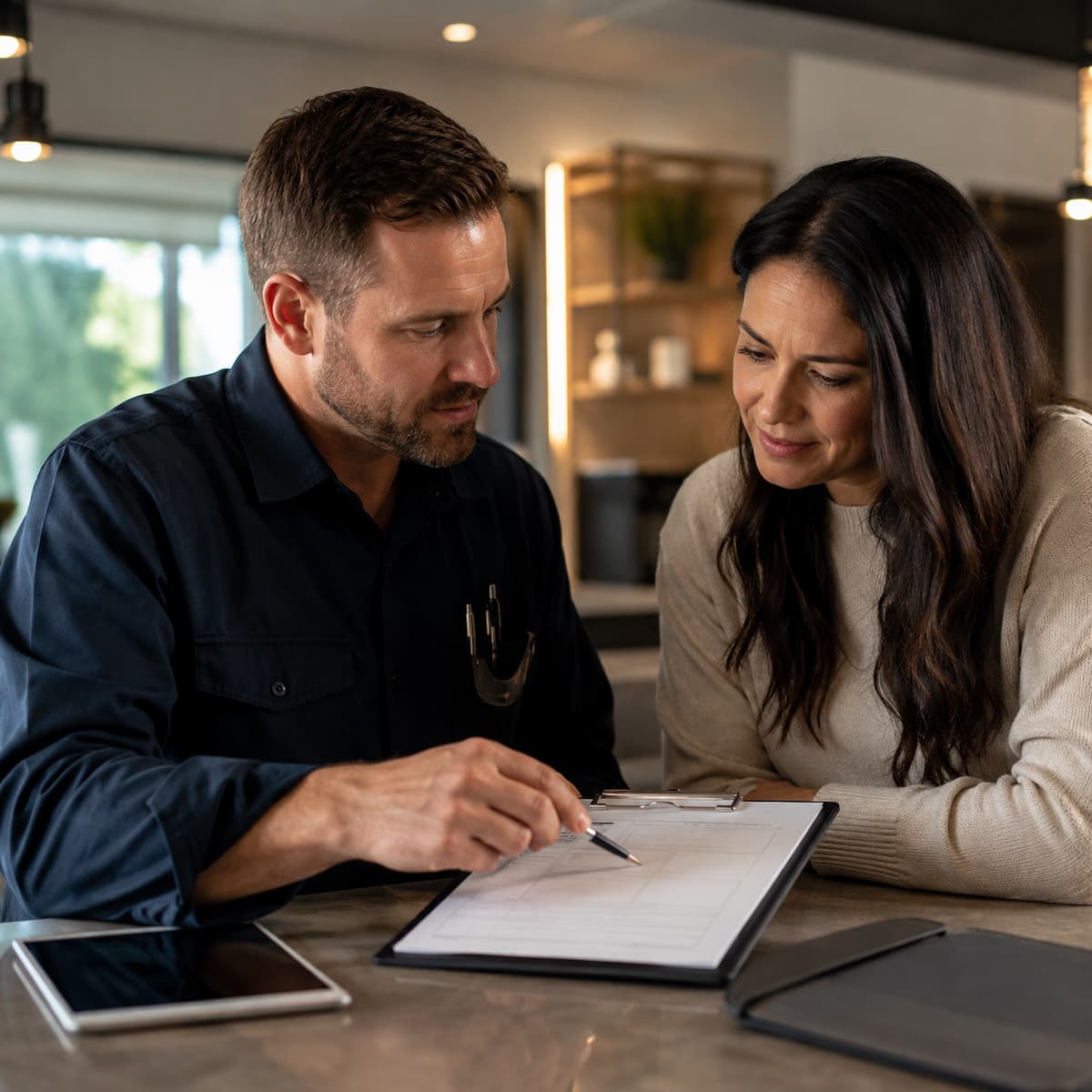 Electrician explaining a clear electrical estimate to a homeowner