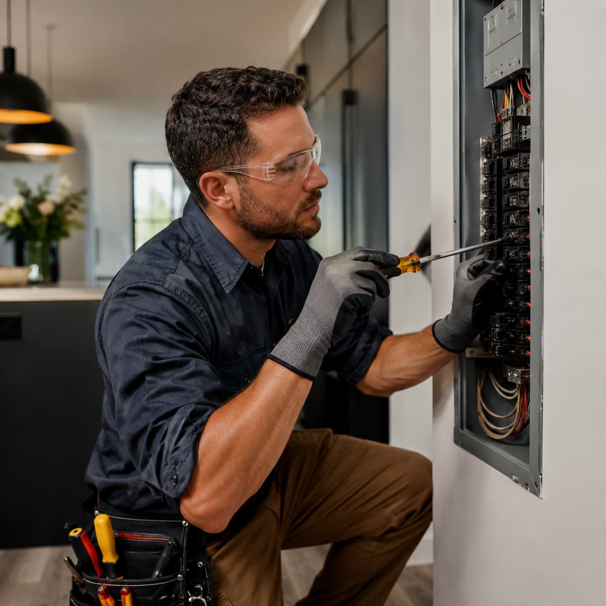 Electrician completing safe electrical work at a residential panel