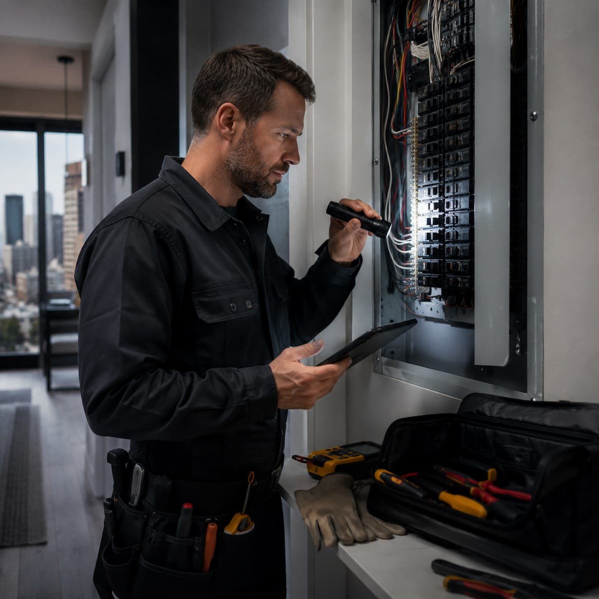 Electrician reviewing electrical panel scope before service