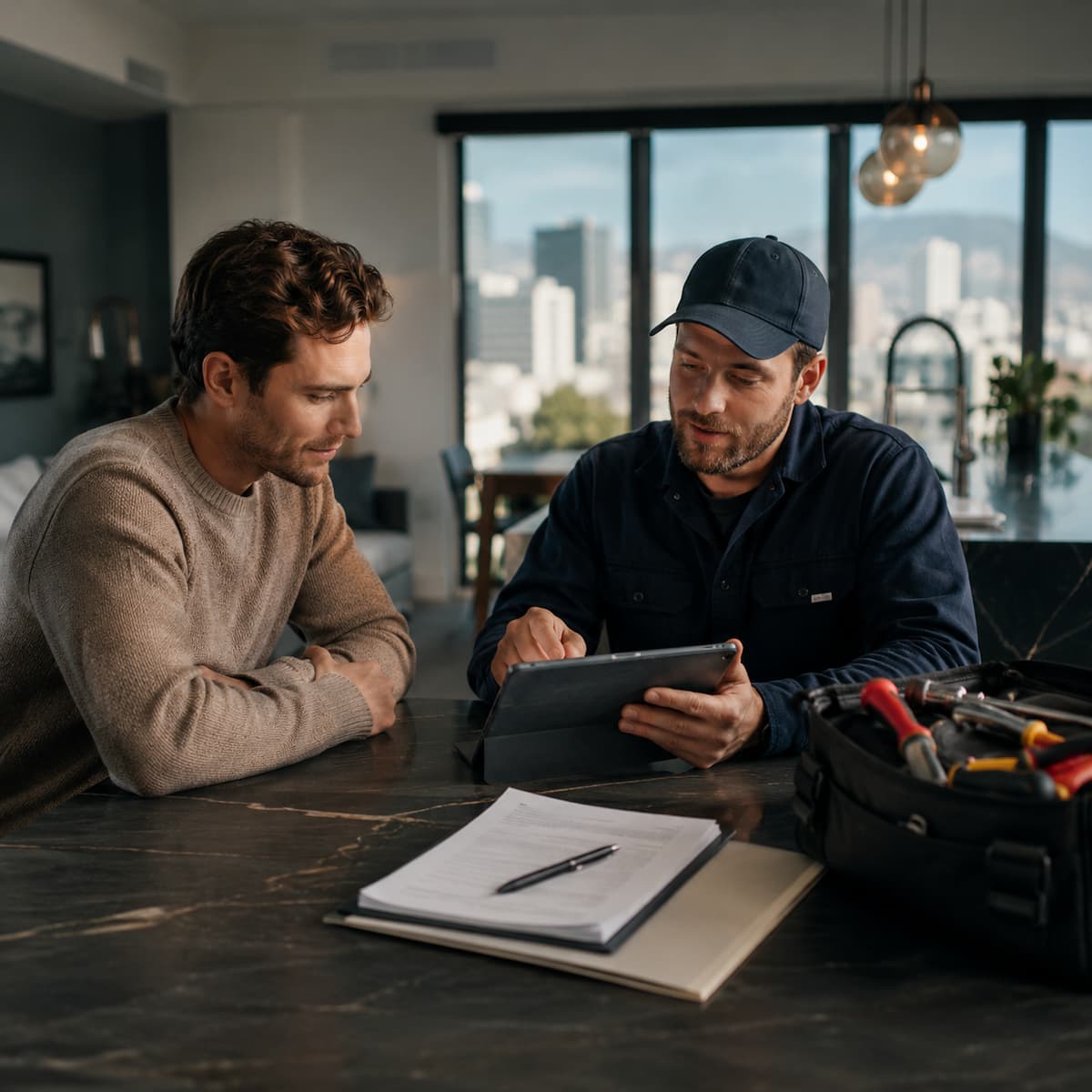Homeowner discussing electrical service needs with a Max Electric electrician