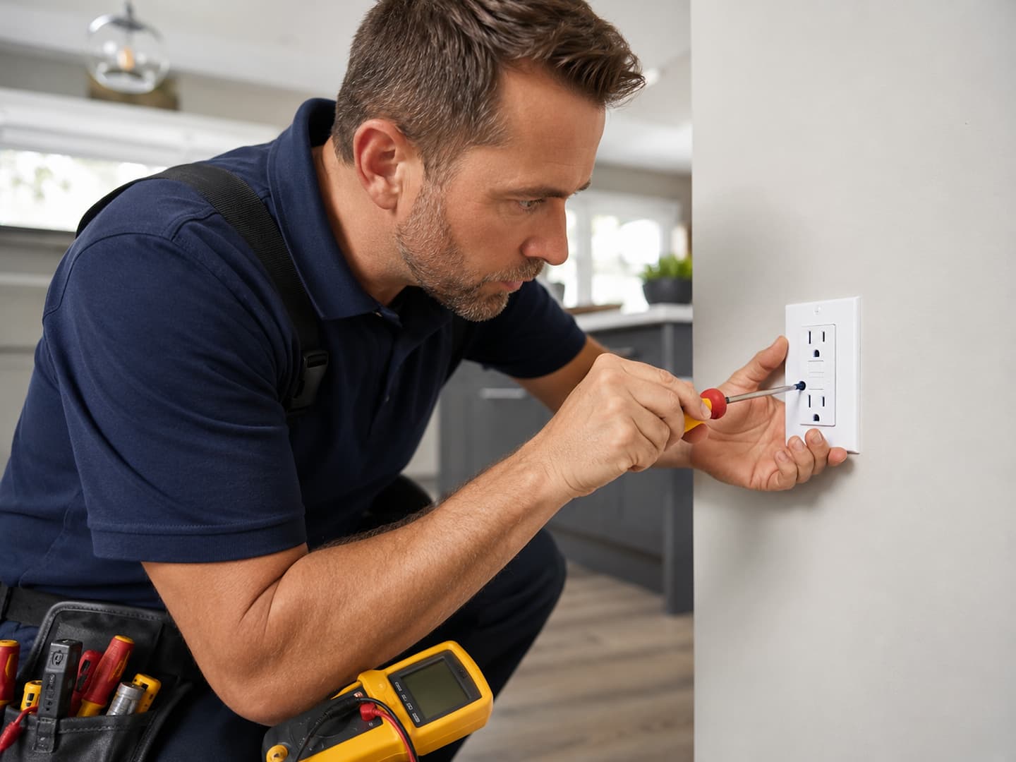 Electrician repairing a GFCI outlet in a San Rafael home