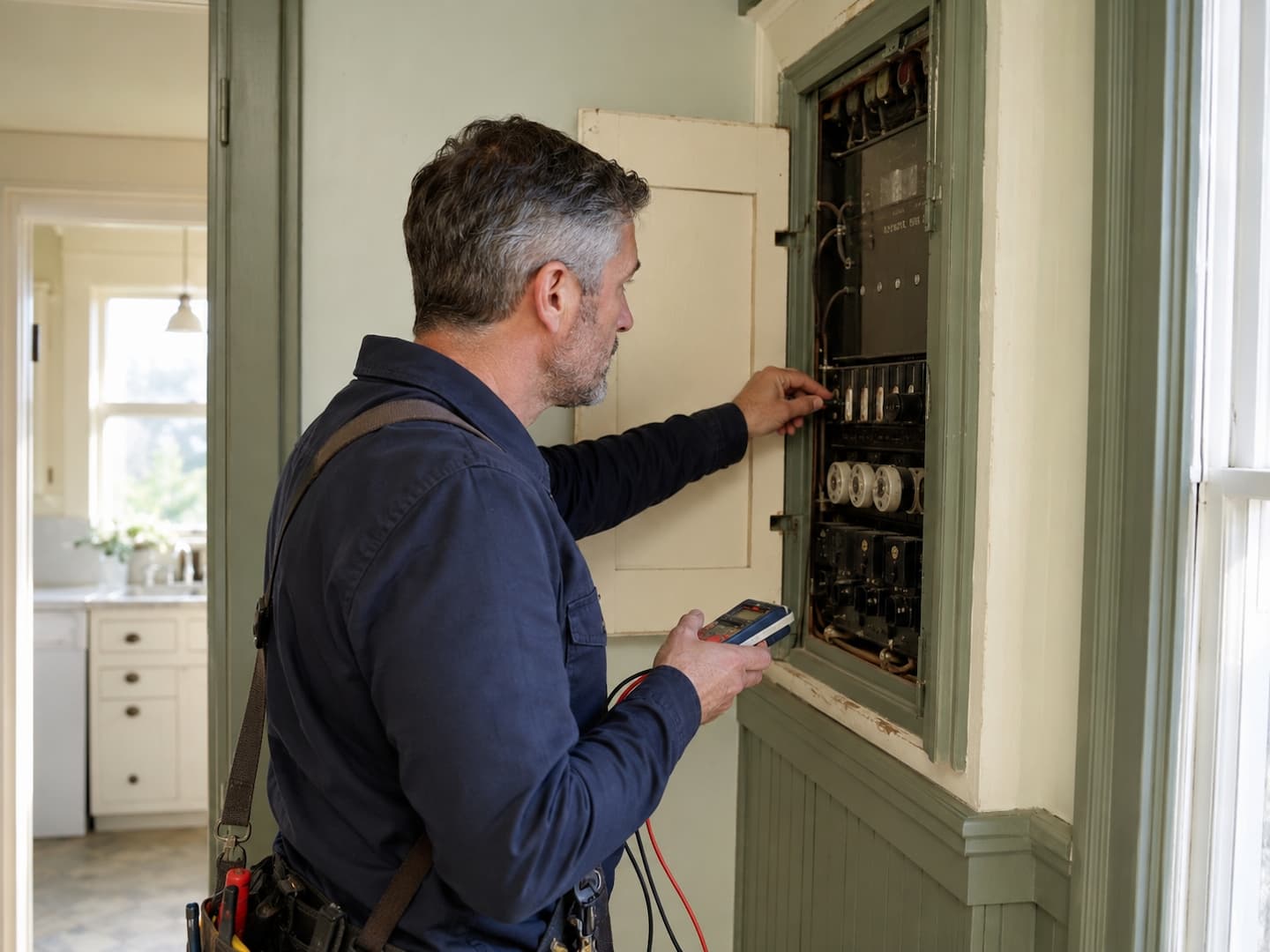 Electrician inspecting an older electrical panel in a San Rafael home
