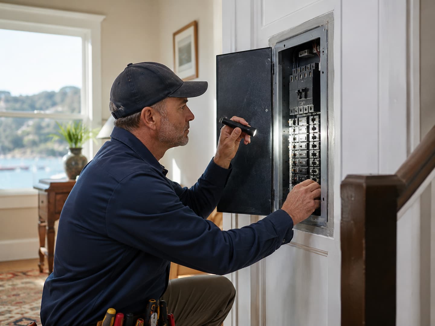 Electrician inspecting an older electrical panel in a Sausalito home