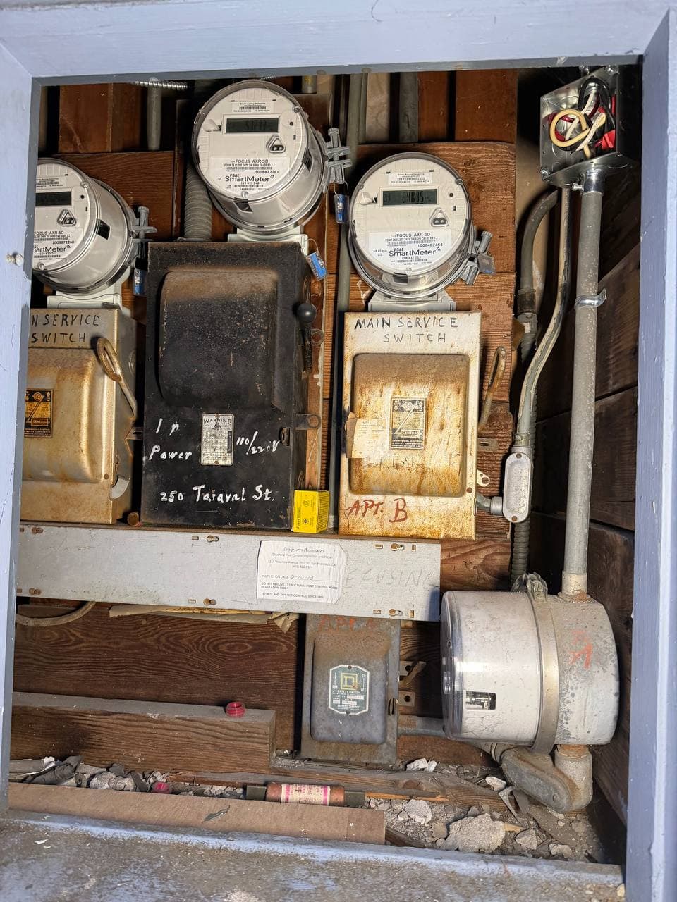 Old fuse boxes and unsafe wiring before correction