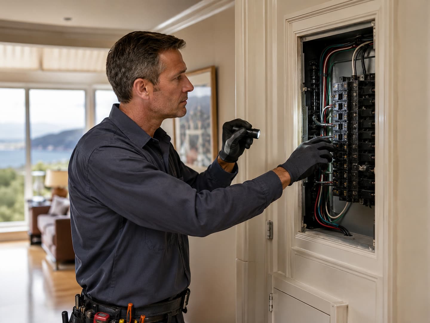 Electrician inspecting an older electrical panel in a Tiburon home